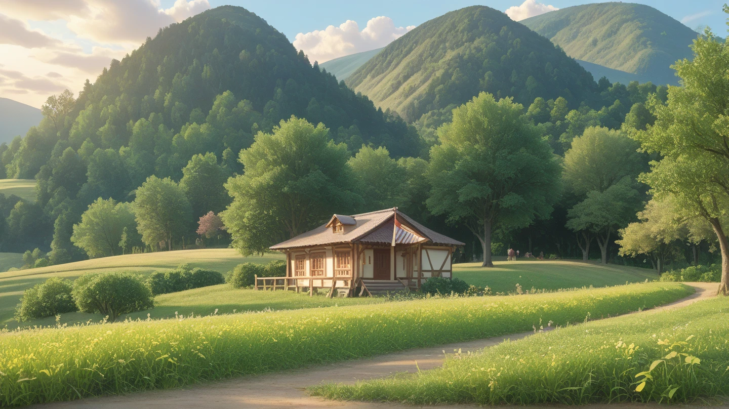 A 4K high-quality scene of a micro world, as if zoomed in through a microscope, depicting a plastic model of a rural town inspired by Ueda, Nagano (the setting of Summer Wars). Old houses and rice paddies stretch across the landscape, with realistic shops (small stores, soba restaurants) scattered throughout, creating a peaceful microcosm. The design style follows the world of the movie "Summer Wars," blending reality and digital with vibrant, futuristic tones. The background features a rural sunset, with distant mountains and the sun reflecting on the paddies. Trains (SL or Tomica) run through the fields. Wide 16:9 frame, high-quality, professional-grade masterpiece. Strength 1.0.

