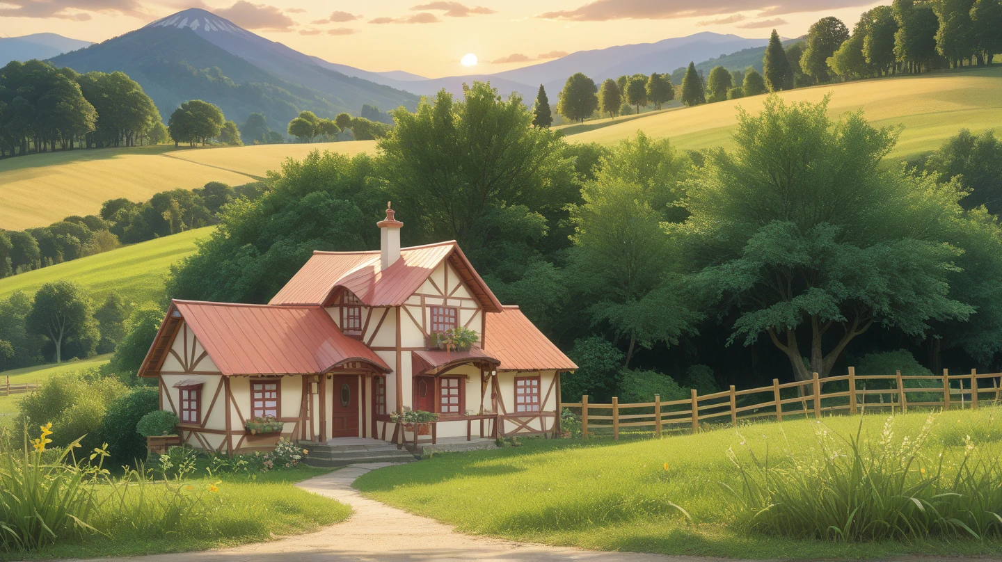 A 4K high-quality scene of a micro world, as if zoomed in through a microscope, depicting a plastic model of a rural town inspired by Ueda, Nagano (the setting of Summer Wars). Old houses and rice paddies stretch across the landscape, with realistic shops (small stores, soba restaurants) scattered throughout, creating a peaceful microcosm. The design style follows the world of the movie "Summer Wars," blending reality and digital with vibrant, futuristic tones. The background features a rural sunset, with distant mountains and the sun reflecting on the paddies. Trains (SL or Tomica) run through the fields. Wide 16:9 frame, high-quality, professional-grade masterpiece. Strength 1.0.

