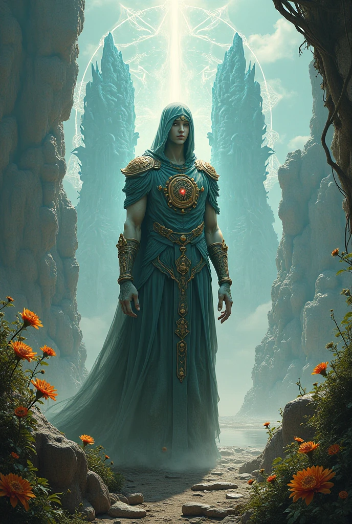 A man with cyan wavy long hair and yellow pupils, wear an ancient clothes and have a clock tatoo, wear a halo, holding a sand clock