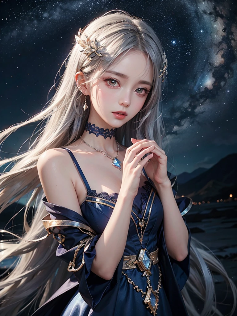 1 girl, Blonde gray hair, Straight hair, Spread hair, Long hair, PUPILS SPARKLING, long eyelashes, Blue eyes, makeup, Smile, Color Field Painting, Contemporary art, Northern Renaissance, Blurred, blending, From below, From Side, the panorama, ultra wide-angle, Wide Angle, F/1.8, 135 mm, canon, nffsw, retinas, masutepiece, Elaborate, Anatomically correct, Skin Texture, Super Detail, high detailing, High quality, hight resolution, 1080p, hard disk, 4K, 8K, of the highest quality, (Translucent off-the-shoulder immaculate white dress), (Beautiful woman lying on a wide floor), Sexy Pose (Full of stars in the background, Milky Way Galaxy), (Full of stars in the background, Milky Way Galaxy),(Black lace panties)