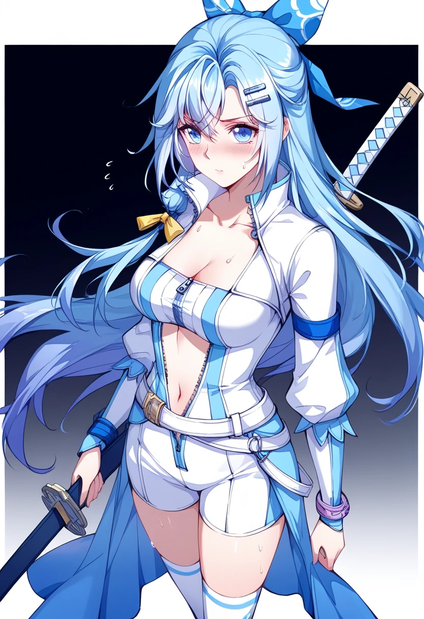 best quality,masterpiece,Ultra-high resolution,photoactual:4:0,In front of the Ice Crystal Palace,An ice goddess,Head style,Long flowing blue hair,Big breasts,Wearing a blue and white Japanese miko costume,Holding an ice crystal staff