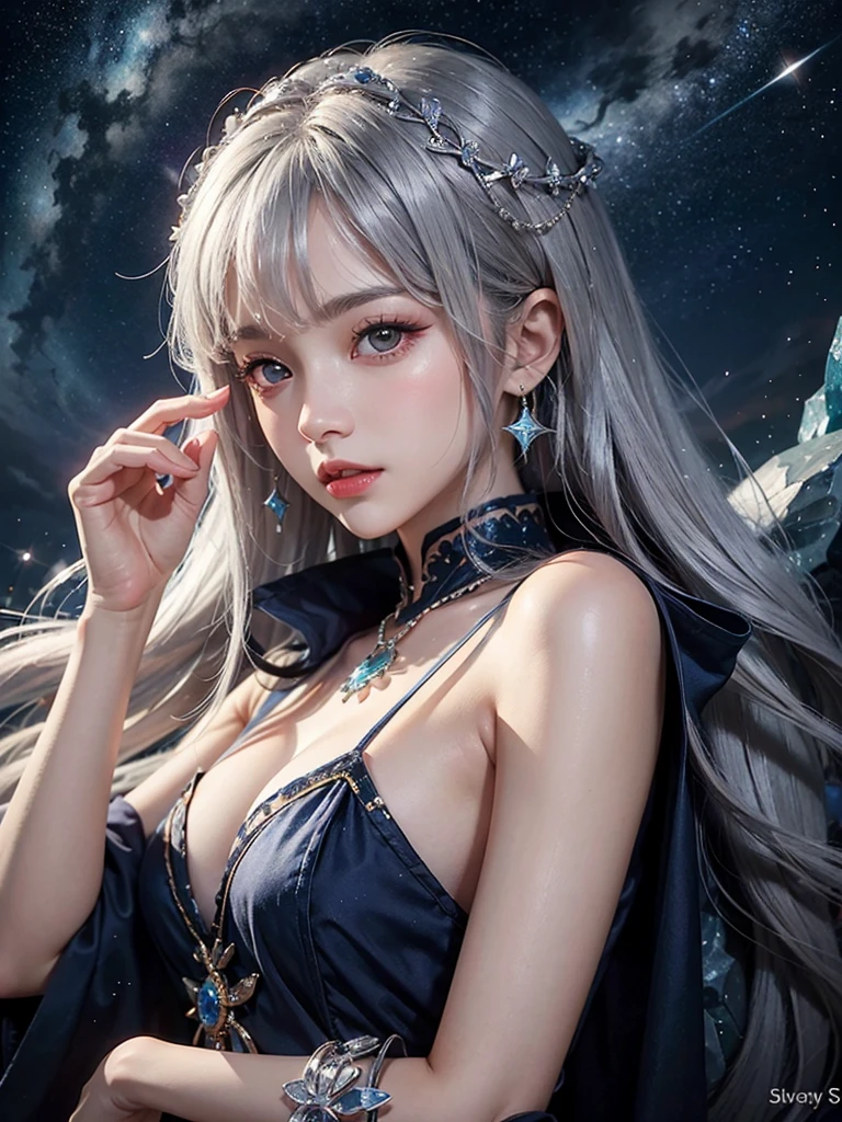 Blonde gray hair, Straight hair, Spread hair, Long hair, PUPILS SPARKLING, long eyelashes, blue eyes, makeup, Smile, Color Field Painting, Contemporary art,double whirlwind pattern design garment,Iris heterochromatic pupil,((girl with silver ponytail))((off shouldersの白いセーラー服)),((red necktie))、((Navy blue detailed flared miniskirt))((black stocking rack high heels))、free hight resolution,off shoulders、((The erection))、(Puffy eyes:1.2)、 (slim legs),(Light shines on the face and chest)、(((((underboob)))))、Lower breast、Oily skin、skinny、 (the underside of the chest is slightly visible),(visible lower breast、I can see your belly button and ribs)、Hip bones and lower abdomen are visible、Dark blue flared skirt、(lift up skirt),((White T-back panties visible)),((Milky Way galaxy in the background))、 Northern Renaissance, Blurred, blending, From under the chest, Breasts from chest to side, the panorama, ultra wide-angle, Wide Angle, F/1.8, 135 mm, canon, nffsw, retinas, masutepiece, Elaborate, Anatomically correct, Skin Texture, Super Detail, high detailing, High quality, hight resolution, 1080P, Hard disk, 4K, 8K, top-qualityの, Sexy Pose , ((cheer girl)), serafuku, Japanese school sailor uniform, darkblue pleated skirt:1.27), (From under the chest, White thong, 1.24),(top-quality)、 (masterpiece)、(Professional lighting with fewer shadows)、 (A hyper-realistic)、 (perfect anatomia)、 (In front of the camera、There are two women、Bangs and forehead、White skin with no moles on the breasts, Unevenness under the eyes.:1.5), (Beautiful blue eyes with long eyelashes and red tear bags:1.5), (In front of the cameraで誇らしげに胸を突き出す2人.:1.2), (Another person on the other side、Turned back with arched hips)、