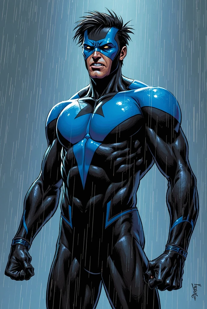((realistic: 1.5)),((best quality)), ((masterpiece)),((detailed)), male ninja, Vigilante, Caucasian American, handsome, photorealistic face,short hair, attack position, abdominal muscles visible,chest visible, just outside of the city with evening cityscape in the background, huge biceps, huge muscles, muscular body,dick grayson,wearing nightwing suit blue and black