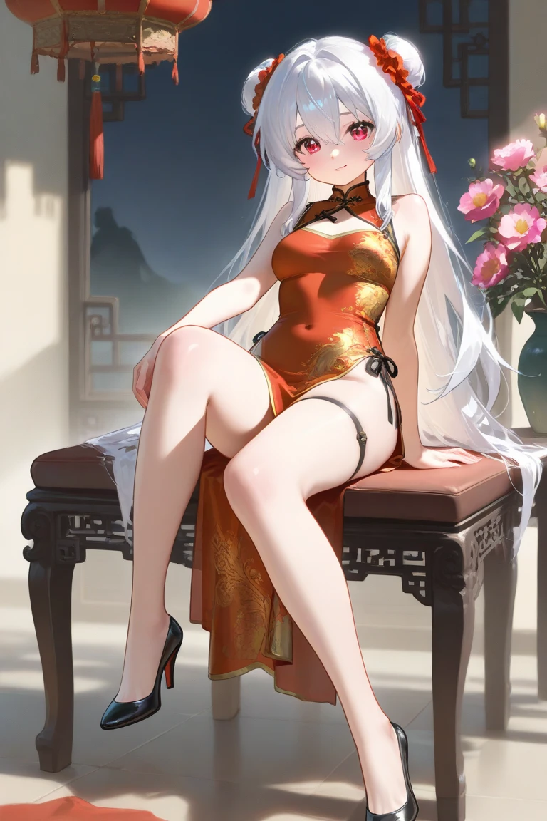 High resolution, 18 year old woman , good lighting, Negligible, , (no nudity), (((cheongsam of the east))),(socks),beautiful face, I'I'm embarrassed and blushing, humiliating, ((transparent)),transparent. Girl with long hair, black in color, blue colored eyes. with big breasts, slim with hips and ass, no belly.