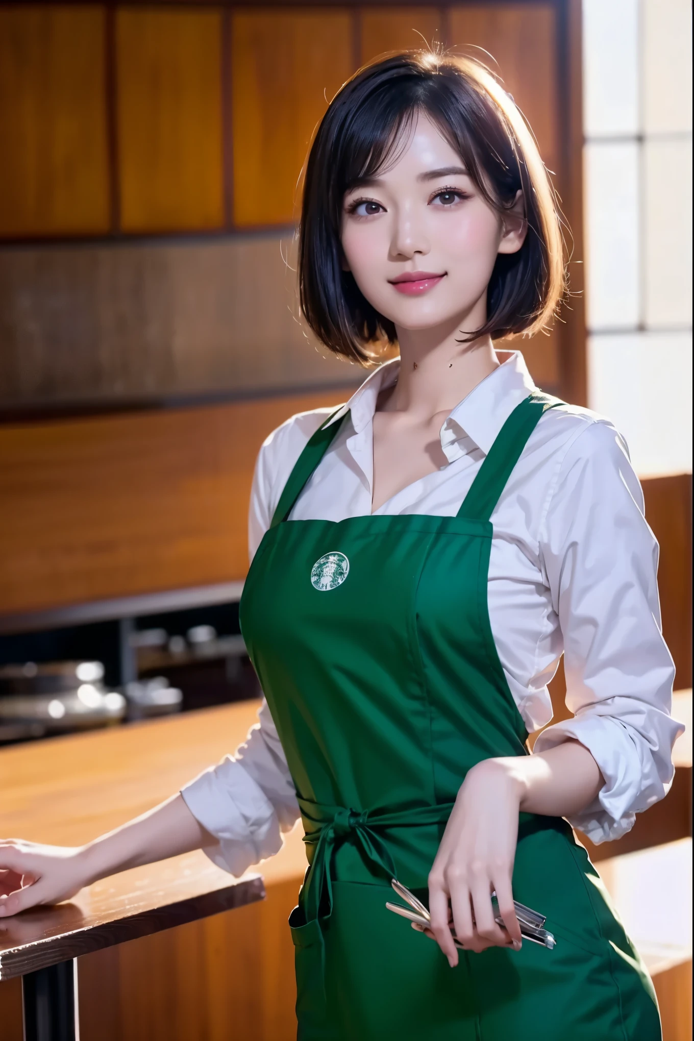 8k, RAW photo, Highest quality, masterpiece, realistic, photo-realistic, clear , professional lighting, beautiful face, Highest quality, super high resolution,
break、 (one girl :1.5,solo:1.5)、Japanese girl、22 years old、 (short bob:1.5)、(blunt bangs、see-through bangs)、smooth hair、hair-styling with hair oil、 straight hair :1.5、break、 Makeup Faces 、pink cheek 、shy、slightly red lips 、(light eyebrow:1.5) 、(troubled eyebrows)、roundish almond eyes:1.5、dark eyes、double、 (mole on her right cheek 、 mole under mouth)、 double teeth、happy smile、wearing a green apron and a white shirt、long-sleeved white shirt、 she has paper cup、the cup is tall size Starbucks coffee cup、Starbucks crew、Inside Starbucks
