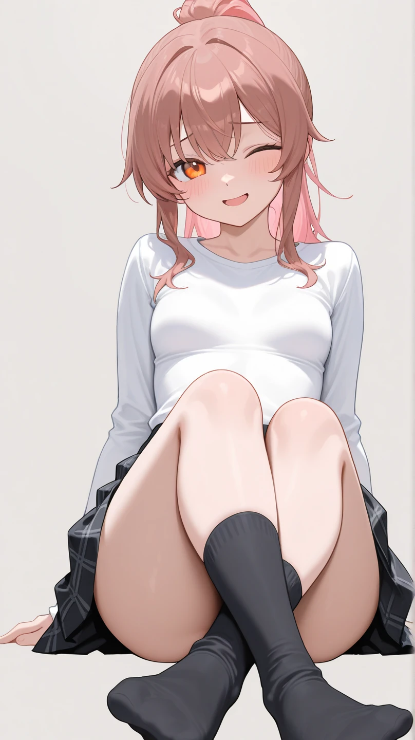 orange hair, orange eyes,girl,Pigtails with the ends tied up,laugh,No panties,light and cute,halterneck,White dress,pink cardigan,Nissocks,Angel Wings,angel ring,leaking semen,spread your legs,drooling,loose eyes