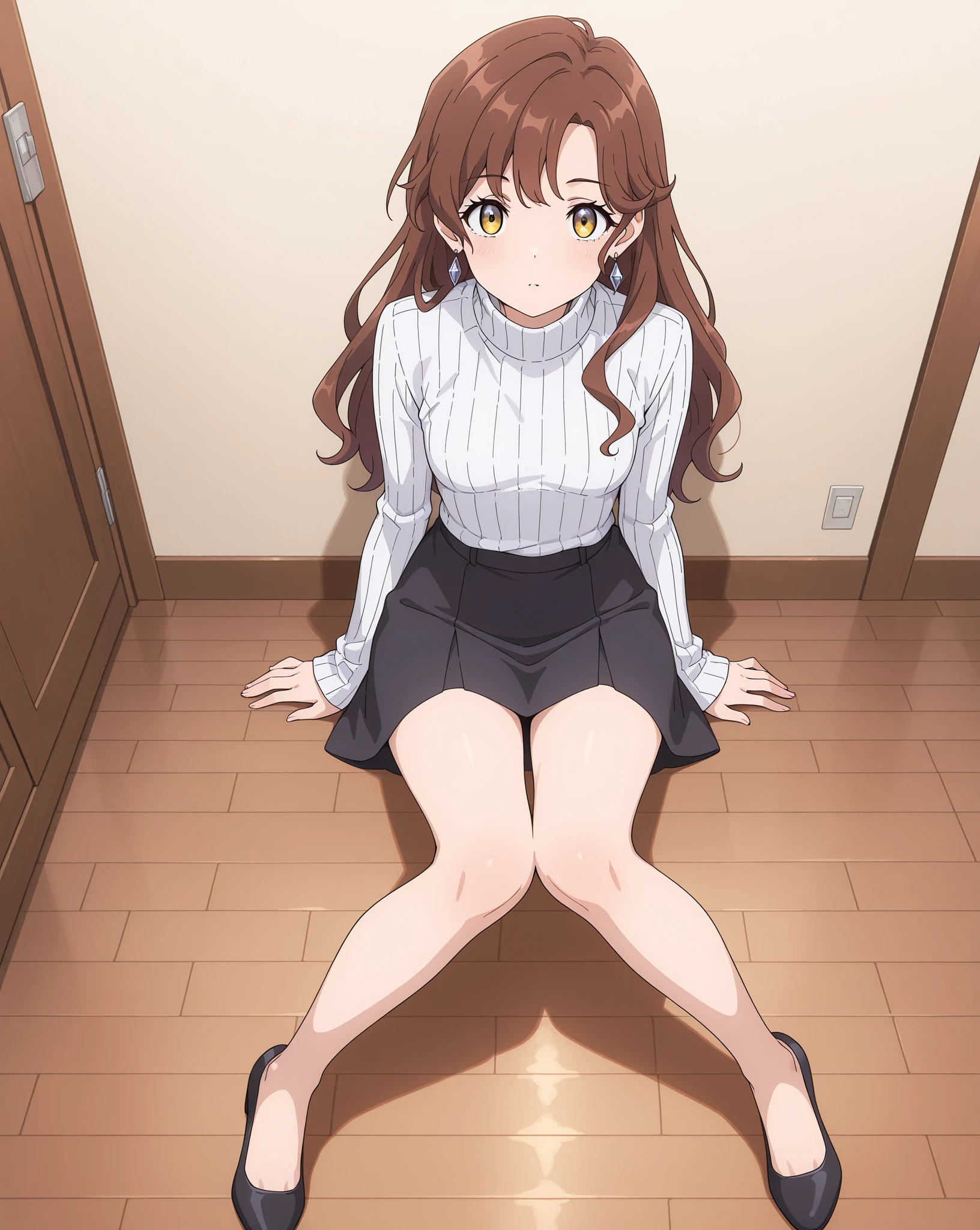 masterpiece, best quality, 1girl, idcsmiu, black shirt, black shirt, brown skirt, long skirt, squatting, spread legs, selfie, pink smartphone, (embarrassed, blush:1.2) jewelry, necklace, bedroom, no shoes,