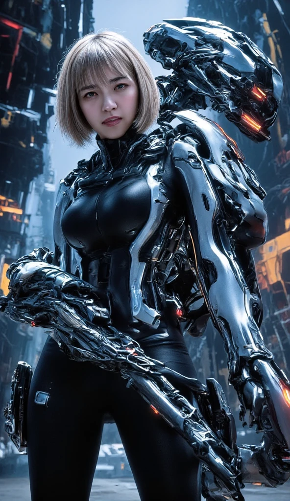 (RAW shooting、highest quality、masterpiece)、(genuine、photogenuineistic)、(Super detailed)、Very detailed CG、8K、アンgenuineエンジン、3D rendering、beautiful mechanic、((high contrast))、(High chroma)、(sharpness)、((very delicate and beautiful))、reflected light、highly detailed background、space station、control room、hangar jet、neon、(slum、cyber punk、machine city、 ((anatomically correct))、one woman、shortcut、platinum blonde hair、beautiful and delicate hair、(detailed beautiful eyes、detailed beautiful face)、highly detailed skin、gloves、black and red cyber suit、Very shiny cybersuit、cleavage、No sleeve、((cowboy shot))、dramatic lighting、action pose、fighting pose、((Composition looking up from the feet))