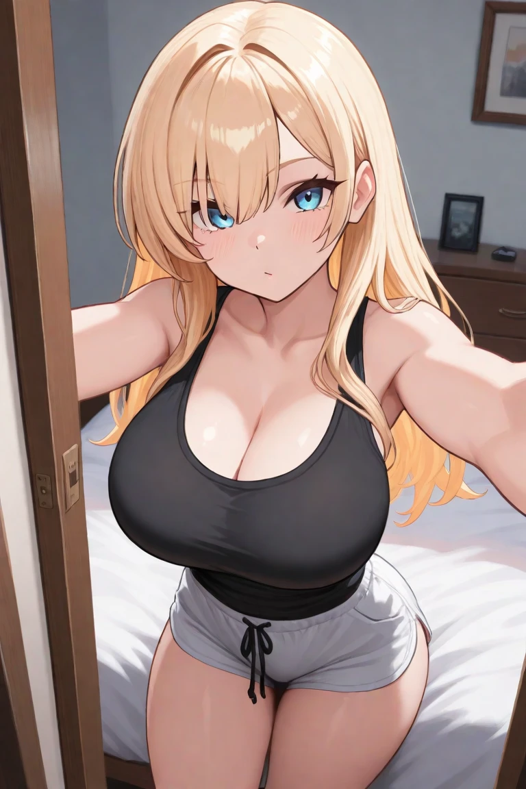 (POV from above), (Best quality: 1.5), (masterpiece: 1.5), (2.5D), (vivid colors), (1 character), (hentai), (perfect anatomy), ( character in center), (absurd), (4k wallpaper), (detailed eyes), (perfect hands), (perfect fingers), (beautiful skin), (glowing skin), (perfect shadows), (perfect lighting ), (full body), (beautiful eyes), (masterpiece), (curvy and thick body), (pretty face), a woman in her twenties, standing by a bedroom, seductive pose, thick thighs, big breasts, big rear, wide hips, out of breath, blonde haired, long messy hairstyle, wearing a black blouse and a pair tight short shorts, out of breath, aroused, blue eyes with a blushing and slightly smiling face, curvy body, good proportions, slightly tiny bit chubby