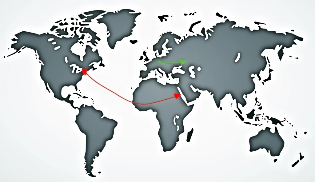Map of parcel transport route between countries by ship and plane