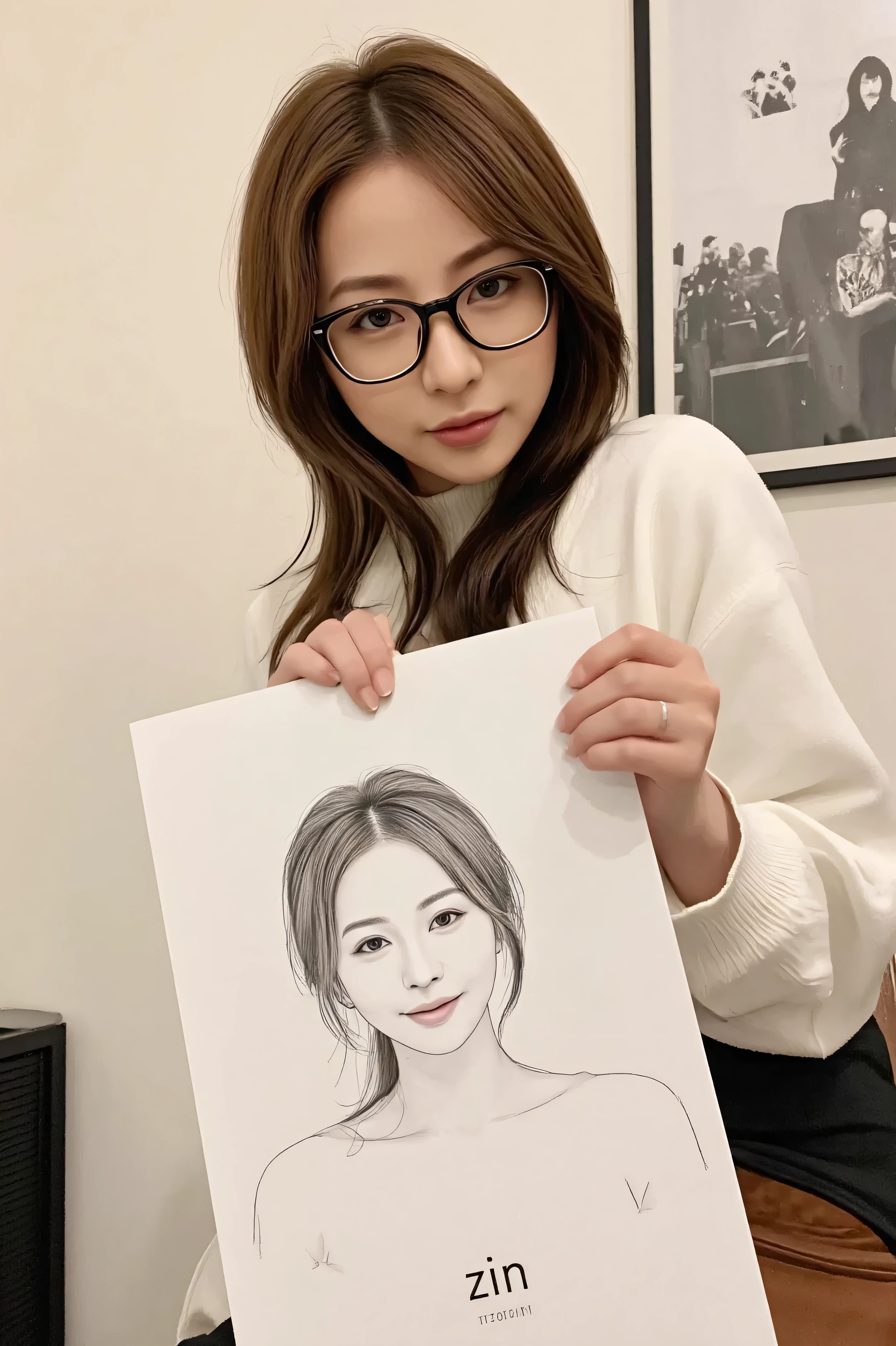 (( Top Quality)), ((傑 Top Quality、 masterpiece、high sensitivity、 high resolution、 detailed depiction of the entrance、 with a delicate face ))slender woman、glass、With a happy smile、black glasses、big breasts、Sketch、 Depiction Style 、A card with the letter 'zin' printed on it