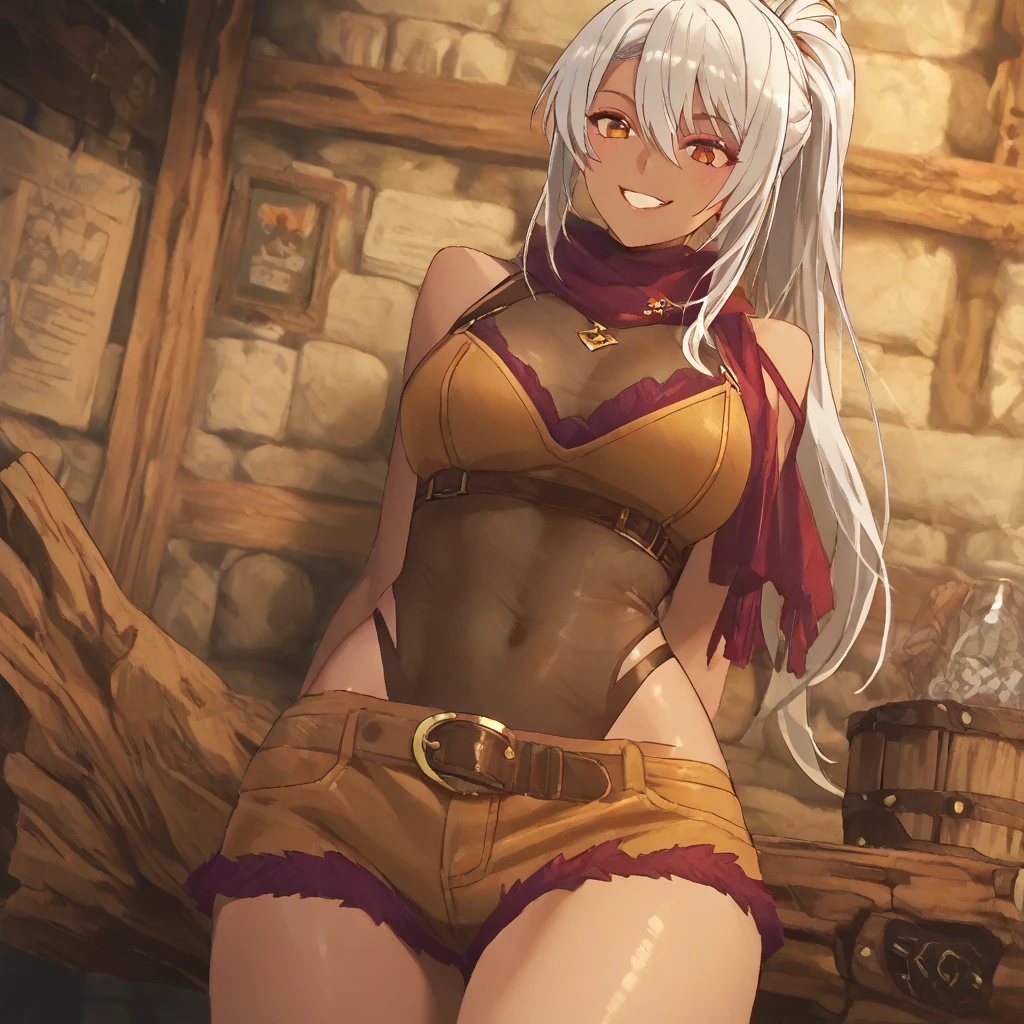 (Best Quality, Masterpiece),sexy, erotic, 1girl, 18 years old, Contempt, pride, long hair, ((green eyes)), looking at viewer, looking at viewer, warm light, (((small breasts))), butt, ((smirk)), (((pussy))), (thick thighs), ((grabbing own ass)), smile, ((big ass)), back, elf ears, ponytails, ((medieval bar)), ((sleeveless)), ((bare legs)), (((nude)))