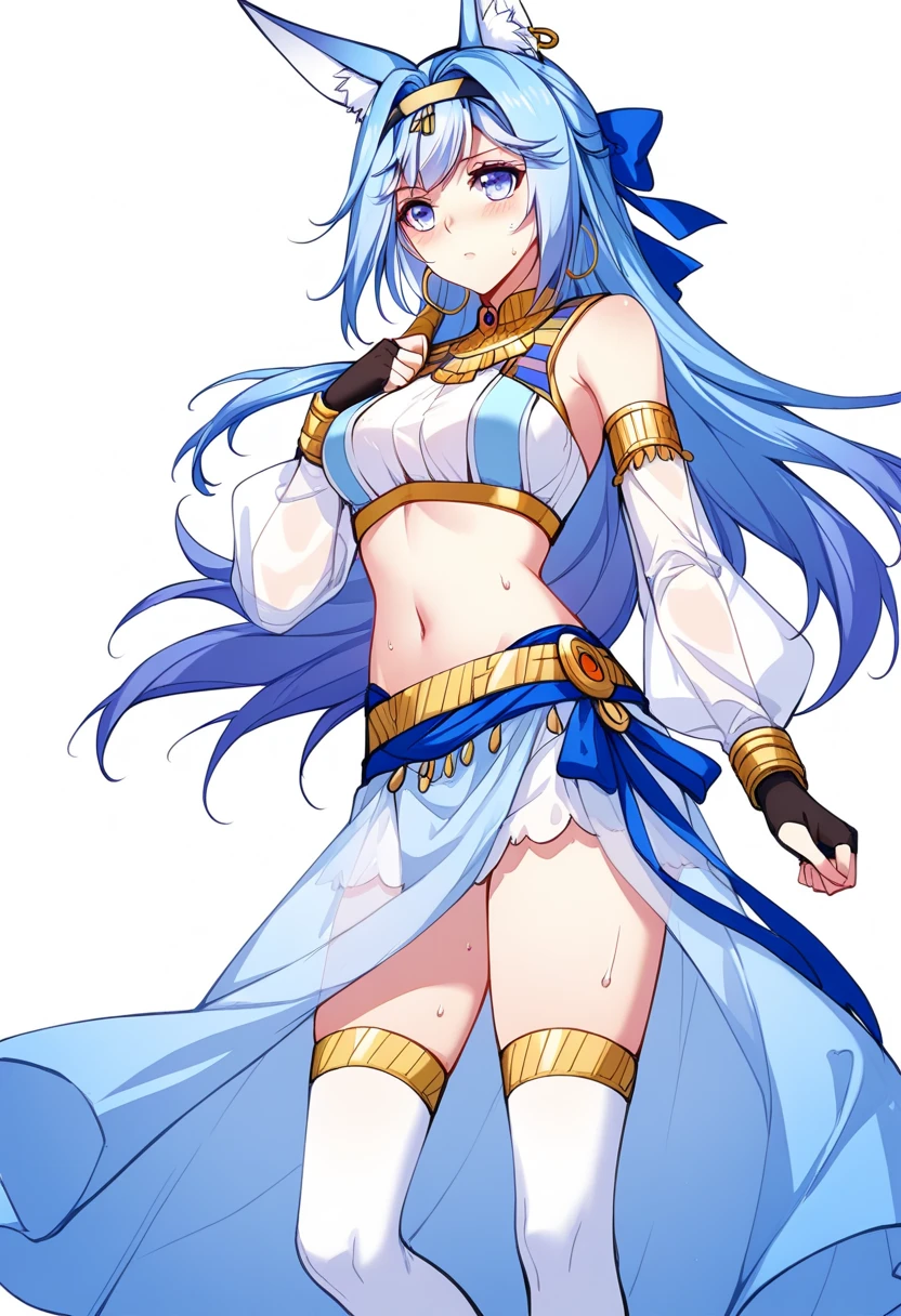 shikimori, medium breast, slim legs, blue gown, navel, skirt, standing, beautiful eyes, blue eyes, happy, arabian belly dancer, stage