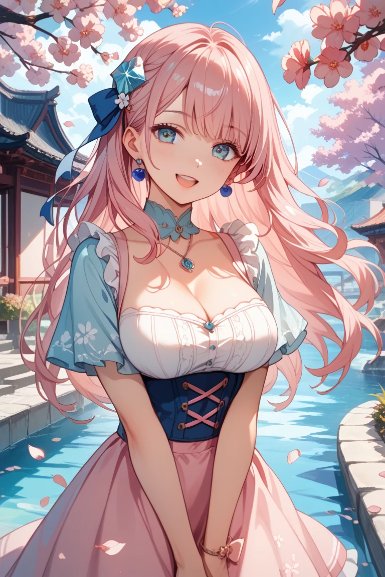 r woman、2 girls:2、with round face、Young features、Pink dress、White headdress、Collar with bell、, award - winning photo, poneyTail, Smile,Pink hair,length hair ,masterpiece, top-quality, Hi-Res,鎖骨, red blush , cleavage, Underchest, Just look at the audience, (large sagging breasts), Glamorous body、Shy smile、Embarrassed look、Cat's ears、Cat tail、in woods、lake、Green Tree々、Gentle shading、Calm palette、Detailed ambient occlusion、Muted shades、dull color