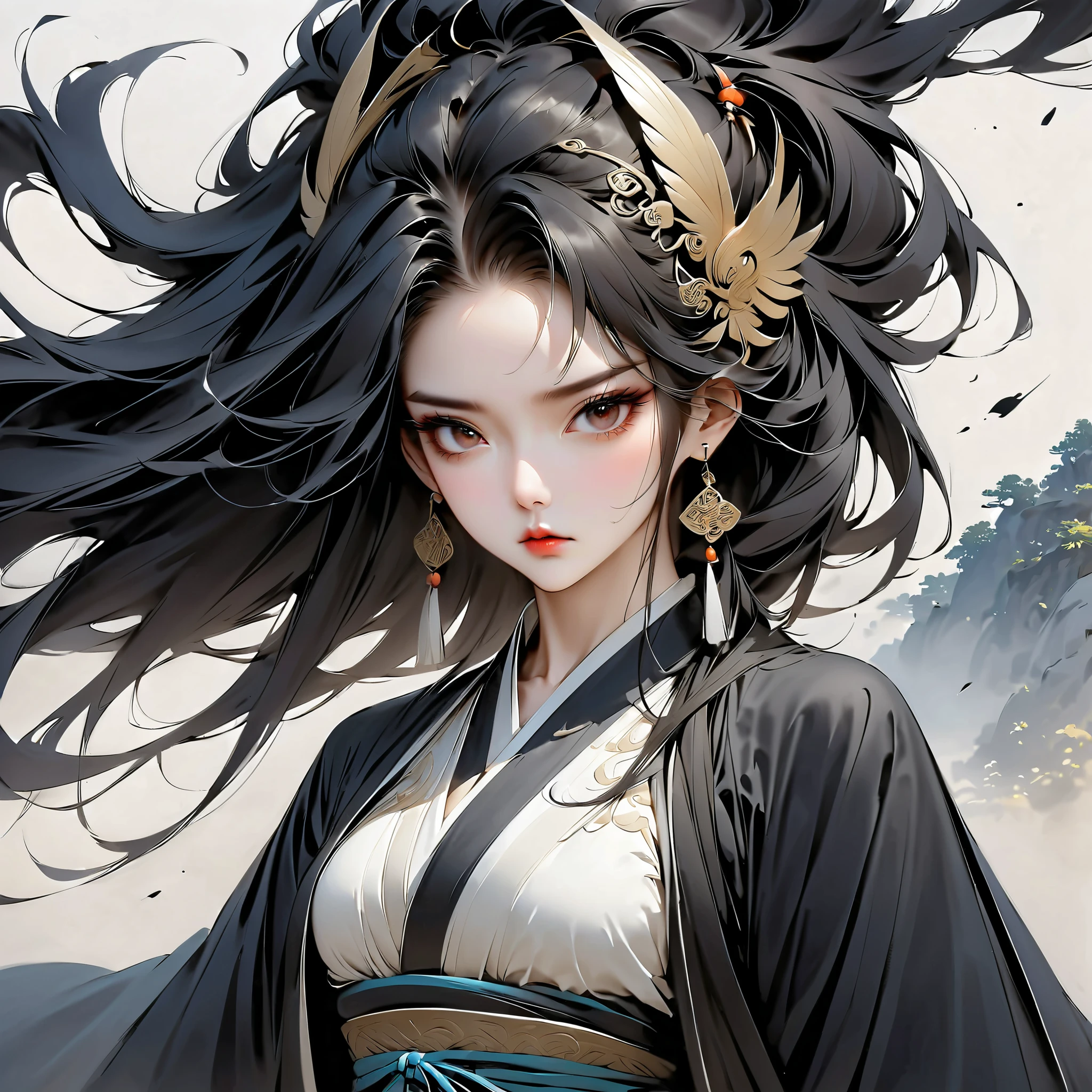 (masterpiece, best quality:1.2), Chinese dragon:1.37,1 girl,2D, Metal jewelry, Serious expression, Attack, The gaze is cold, Clothing black and white ink style, Martial Arts Styles, sash, sharp eye,Dark Theme,big eyes