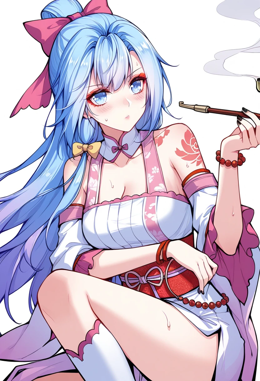 1girl,20s,solo,light blue hair,pointy ears,(white background,line drawing),sitting,smoke,holding_smoking_pipe,kimono,ponytail,Bags under eyes,upper body