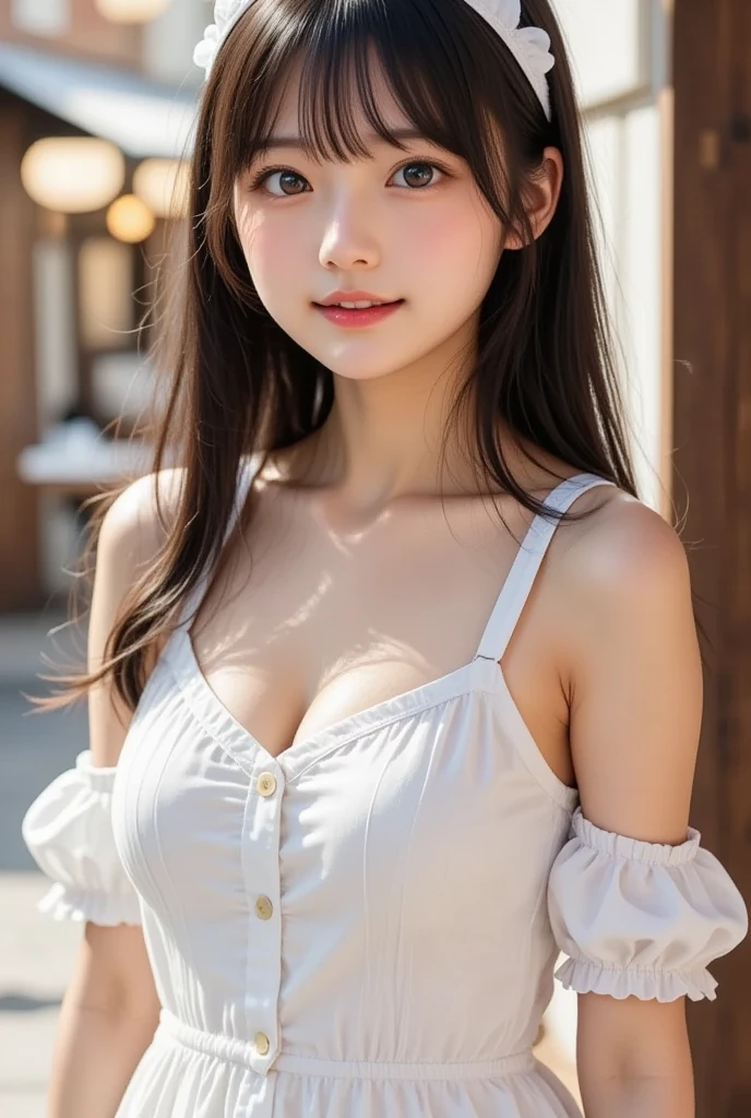 (twin tails), brown hair, wonderful face and eyes, pink eyes, (amazingly beautiful woman), ((highest quality)), (super detailed), (very detailed CG 統合 8k 壁紙), very detailed, High-definition RAW color photo, professional photography, NSFW,((black off shoulder with white ruffles、Light pink skirt、emphasize cleavage、slouch、)),The background is Disneyland、