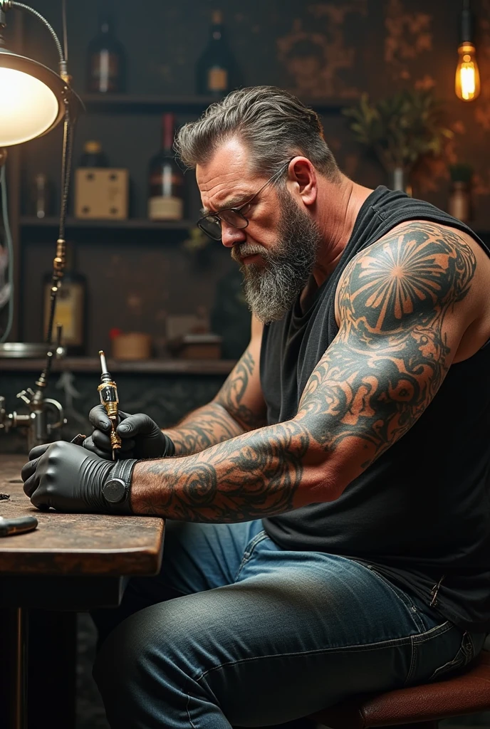 Tattooed electrician with various tools