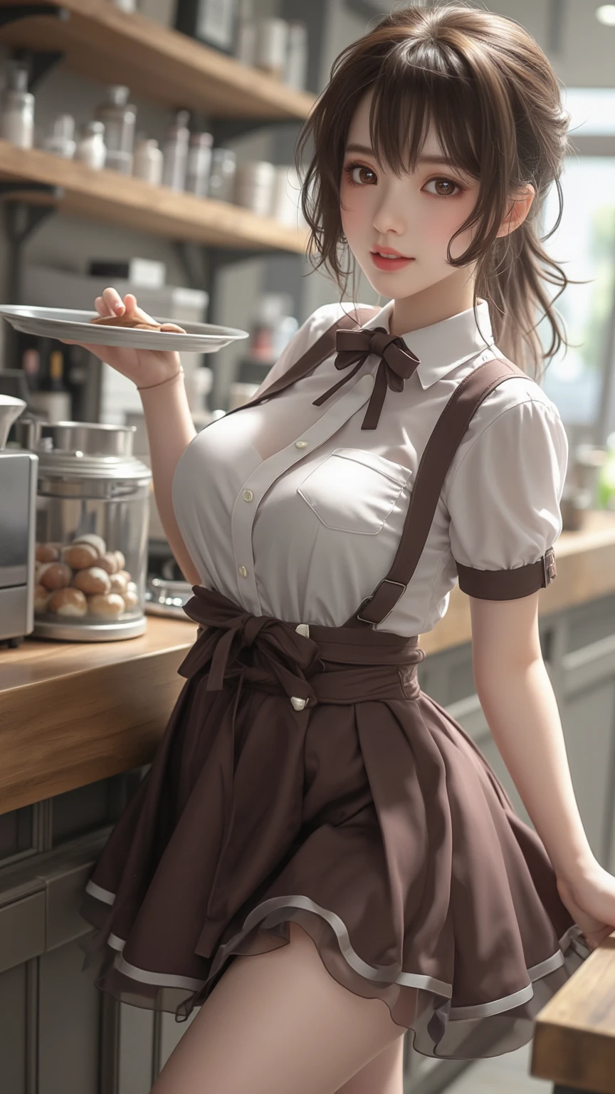 ((masterpiece))、((Highest quality))、photograph、reality、High resolution、Advanced Depth of Field、become close、Realistic lighting、Delicate facial features、Realistic Background、(The whole body is shown:1.2)、(Big Breasts:1.2)、(Erect nipples:1.2)、(Slender:1.2)、(Hamburger Shop Uniform:1.5)、(Collared shirt:1.2)、(Short tight skirt:1.2)、(apron:1.2)、(The background is an empty cafe:1.2)、(Early s:1.5)、(face:1.5)、(Short)、(Braid)、Glasses
