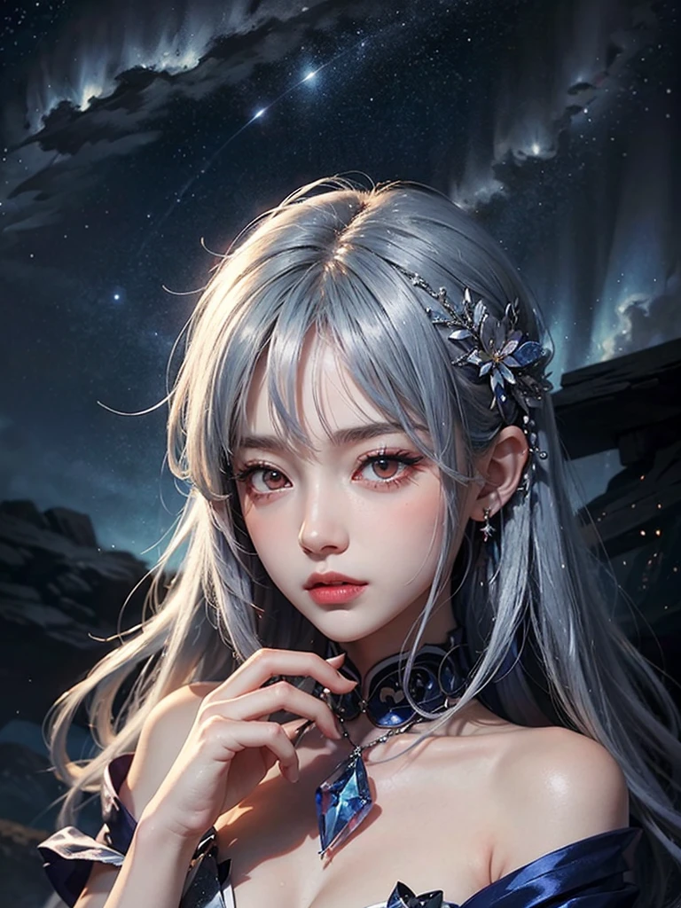 Ultra high quality，8K，Don't miss your fingers，1girls，Sailor Moon，Silvery hair，Princess Gao Leng，Close-up of the head，the sun is shining wide shot