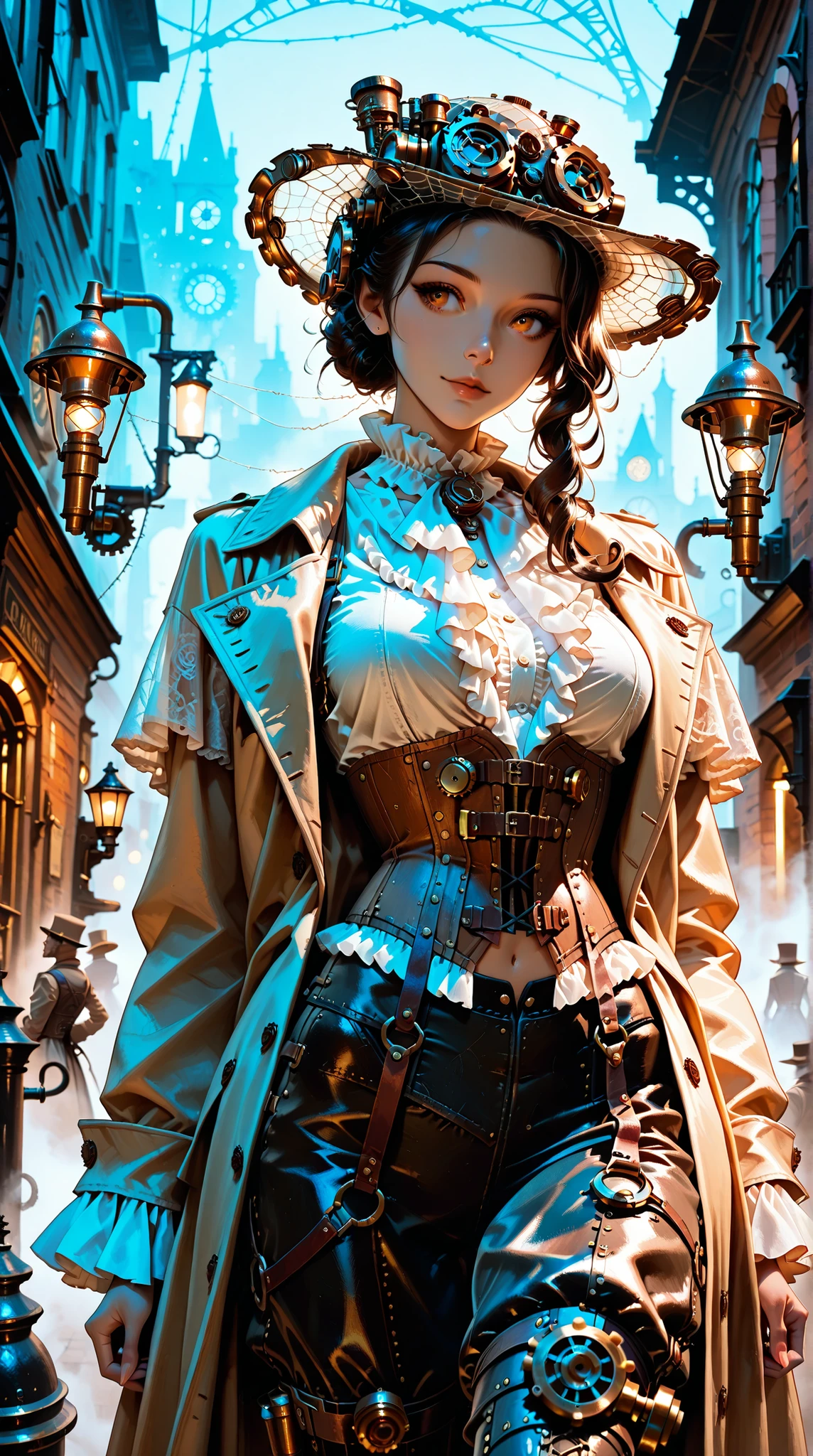 beauty, long coat, ruffle blouse, crop top vest, corset pants , silk hat, steampunk, Street corner where faint fog can set in, Dim streetlights