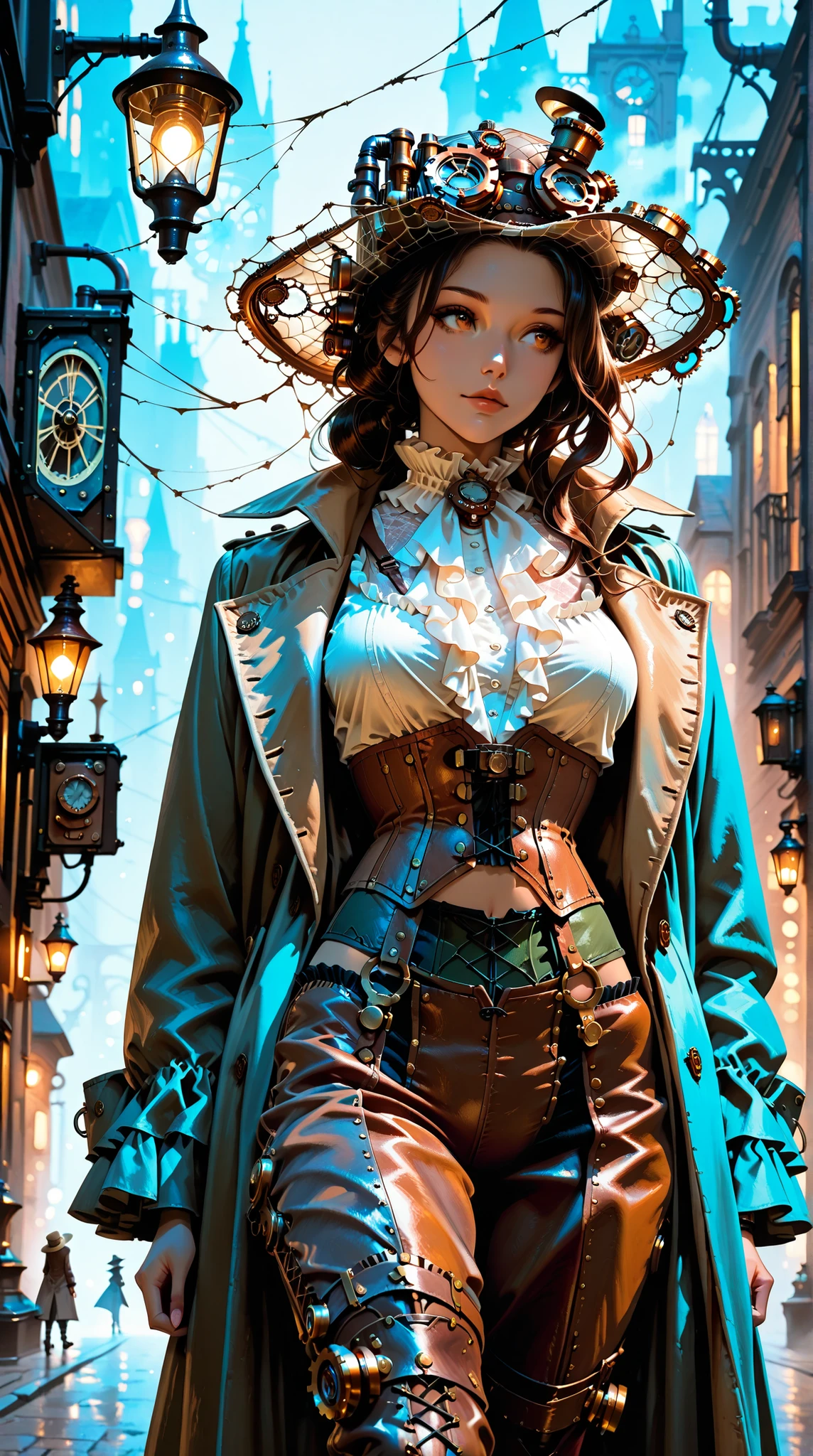 beauty, long coat, ruffle blouse, crop top vest, corset pants , silk hat, steampunk, Street corner where faint fog can set in, Dim streetlights