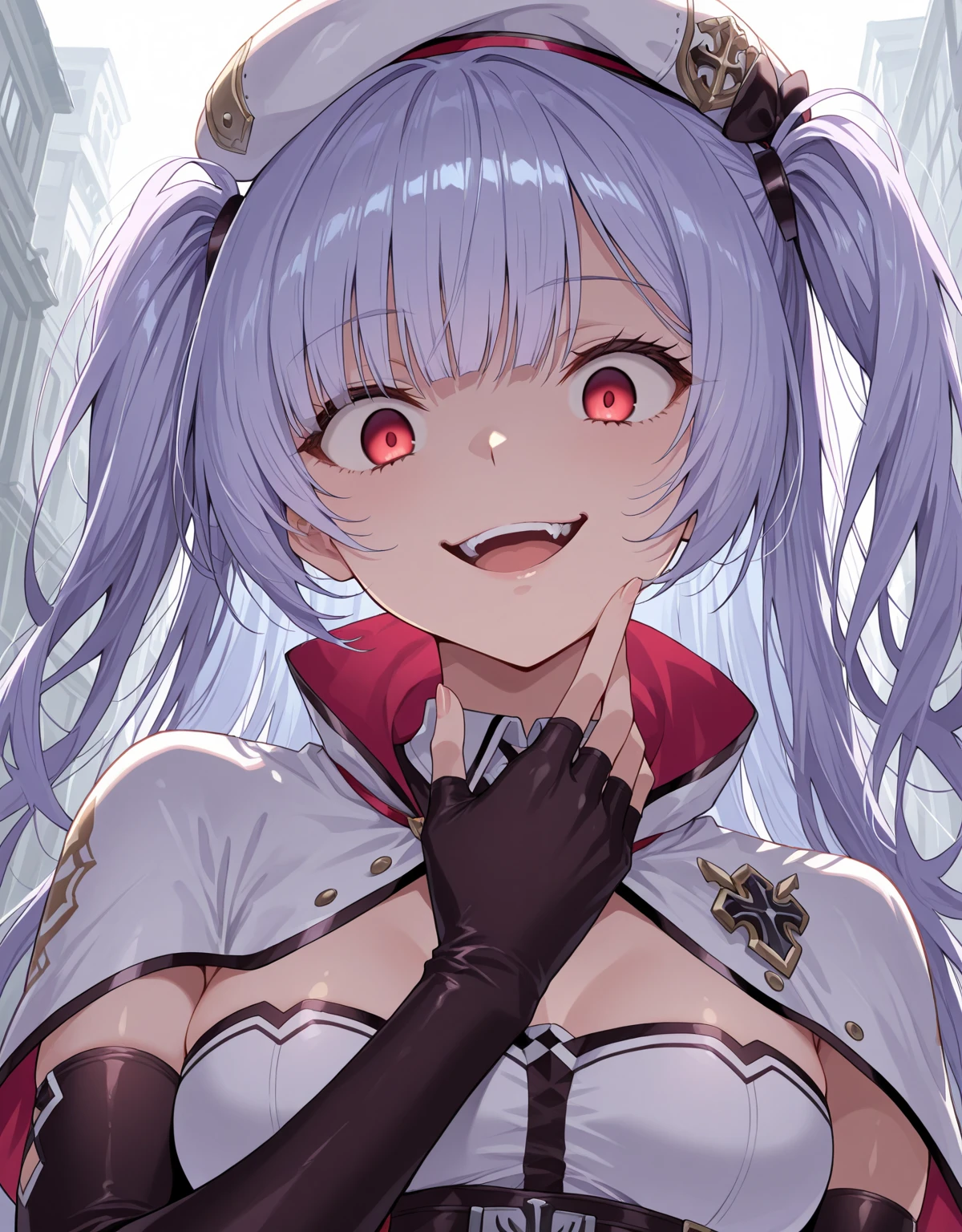 pretty girl、Young face、silver Hair、Twin tails、Pink eyeischievous face、Spoiled brat、uniform、Immature body、Small breasts、smile、Sweat、(Thick thighs:1.5)、little demon horns and tail、red eyes、(Cowboy Shot)、On all fours、Backwards、looking at viewer