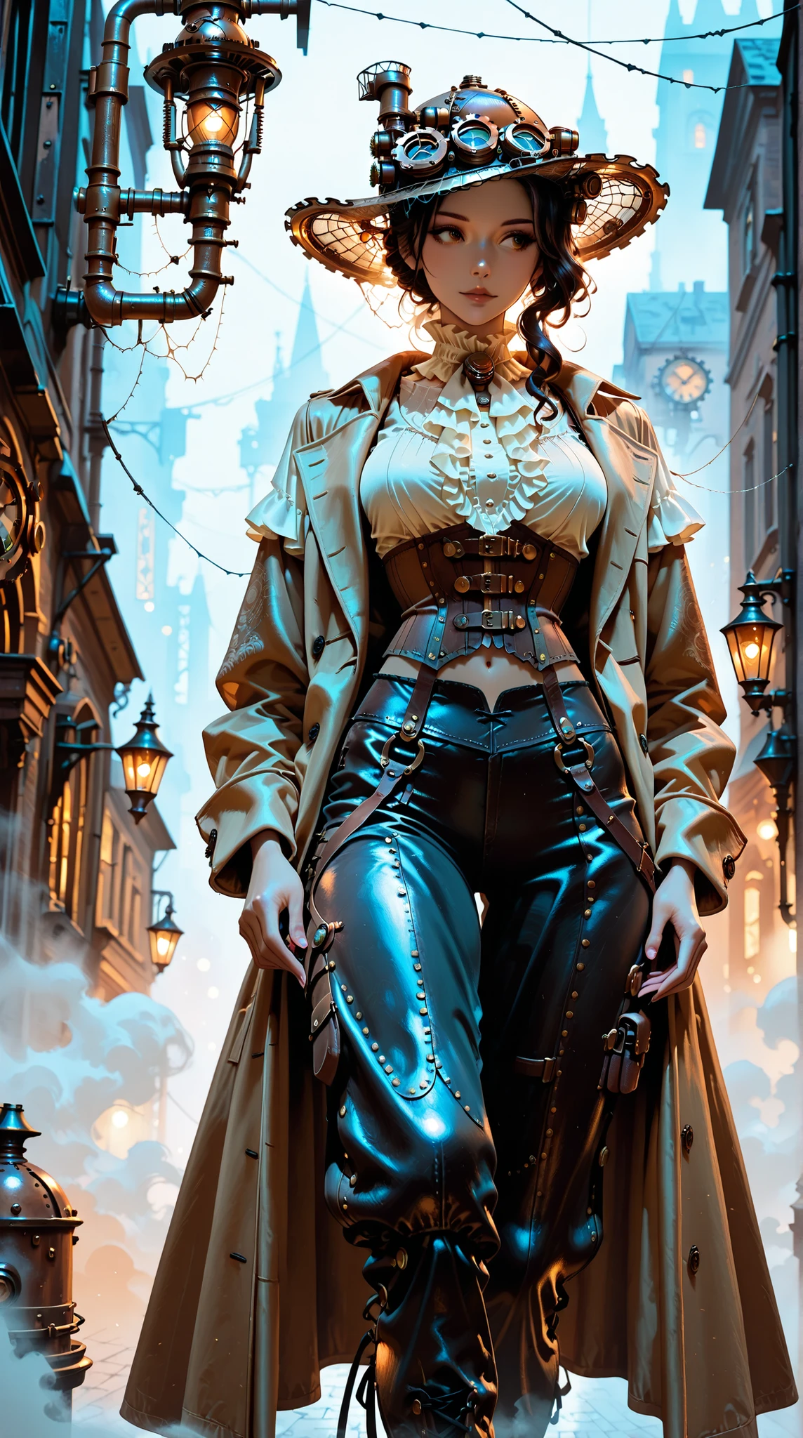 beauty, long coat, ruffle blouse, crop top vest, corset pants , silk hat, steampunk, Street corner where faint fog can set in, Dim streetlights