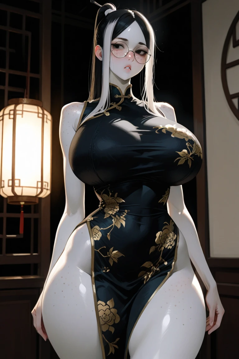 Good quality, best quality, masterpiece, 8k character, sexy female character, a female ninja, white hair, long hair, tied in bun, hair clip, lusty expression, red eyes, American face, detailed face, short nose, American girl, USA woman, sweating, a tight dress, sexy ninja uniform, sexy dress, straps ited all over the body, XXL extremely unnatural big , toned stomach, sexy, very revealing dress, bra and panty like dress, tight dress ,dead or alive style, 3d style, moonlight in background, dojo temple in background