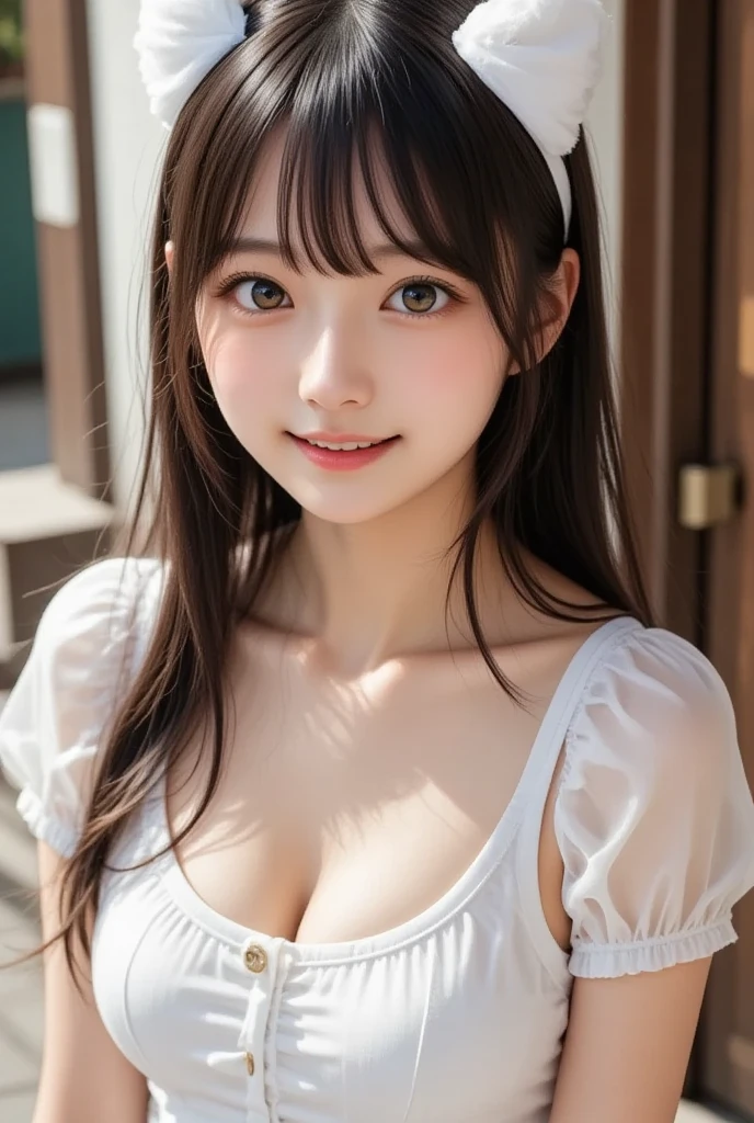 (kawaii face, amazing flat breasts), happy smile, (Beautiful frills and lace costumes:1.3), Ultra High Definition, Superior Quality, Premier Quality, ultra detailed, Photorealistic, 8k, RAW Photos, highest quality, masterpiece, professional photography, Realistic portrait, Beautiful detailed, Close up portrait of girl, Outdoors, beautiful sight, beautiful scenery, (natural scenery), (Fine face:1.2),