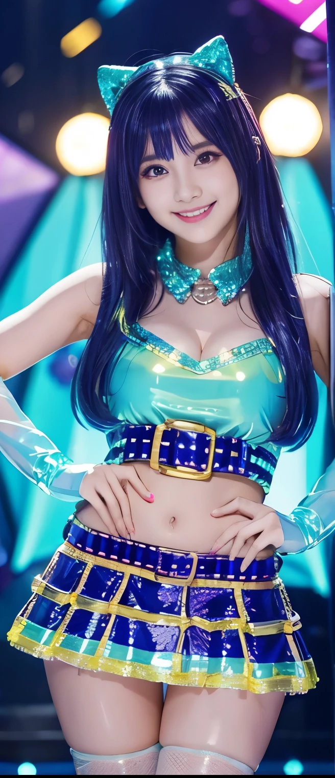 Cyber Idol Girl Covered With Slime、A pure girl's face、 hypo、、fluorescent blue and gold checkered sequin mini dress、、 Crystal Belt 、Glowing Crystal Slime、