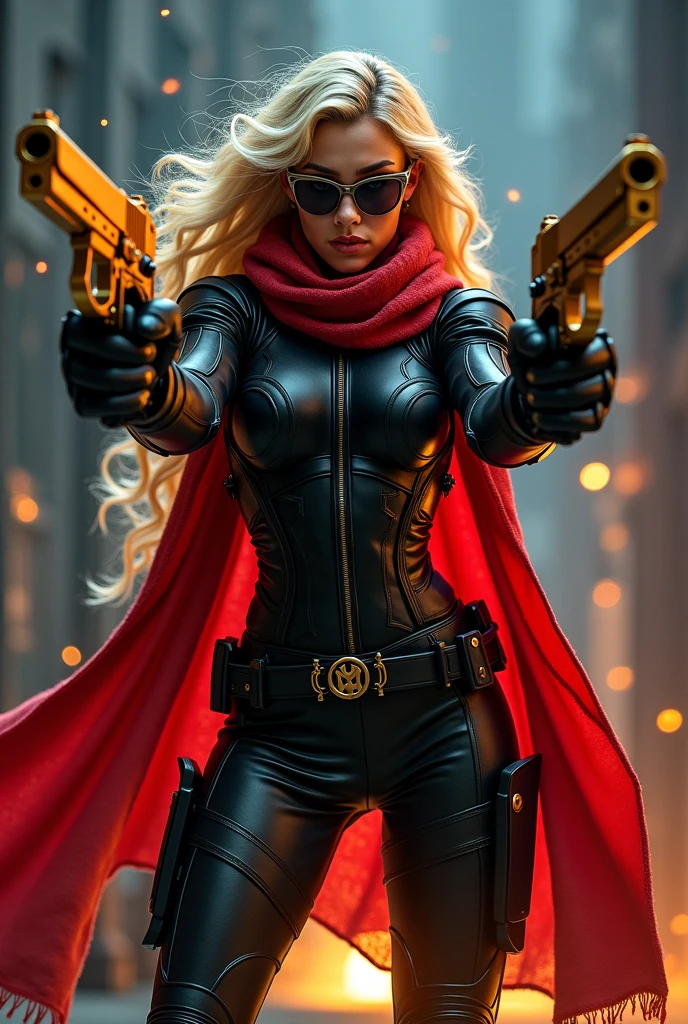 A full body action pose of a Beautiful evil nazi woman (mid-20’s) with long platinum blonde hair and blue eyes filled with hate, and thin red lips, a sadistic grin across her face. She is wearing a skintight purple and black costume with a red swaztika on her chest. She is being protected by a force field. Destroying, Evil wins, burning city, lots of bodies litter the ground.