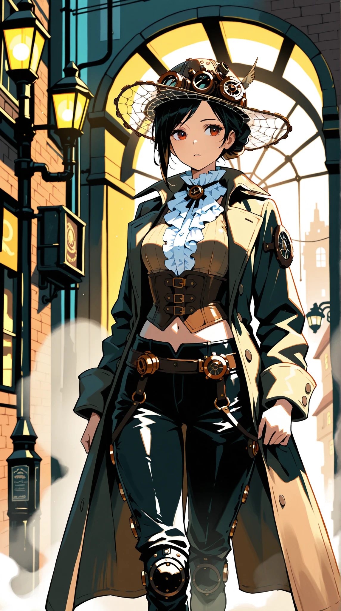 beauty, long coat, ruffle blouse, crop top vest, corset pants , silk hat, steampunk, Street corner where faint fog can set in, Dim streetlights