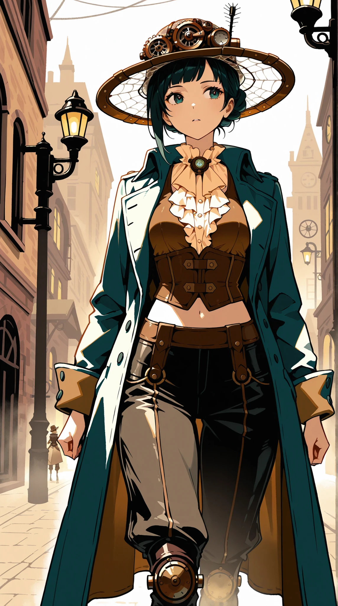 beauty, long coat, ruffle blouse, crop top vest, corset pants , silk hat, steampunk, Street corner where faint fog can set in, Dim streetlights