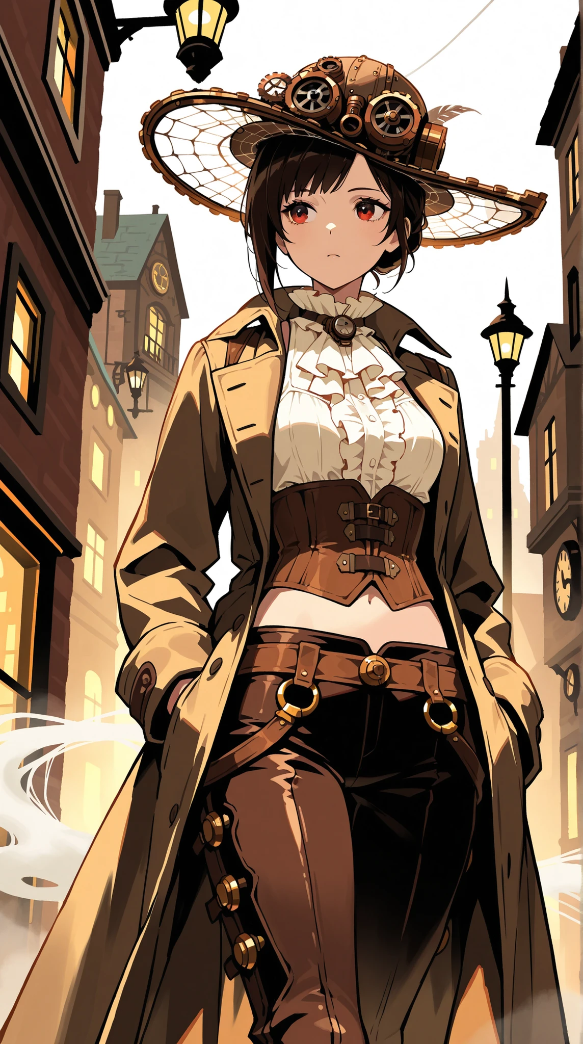 beauty, long coat, ruffle blouse, crop top vest, corset pants , silk hat, steampunk, Street corner where faint fog can set in, Dim streetlights