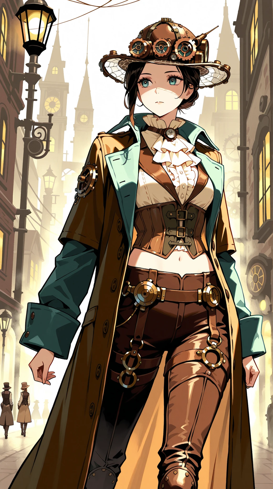 beauty, long coat, ruffle blouse, crop top vest, corset pants , silk hat, steampunk, Street corner where faint fog can set in, Dim streetlights