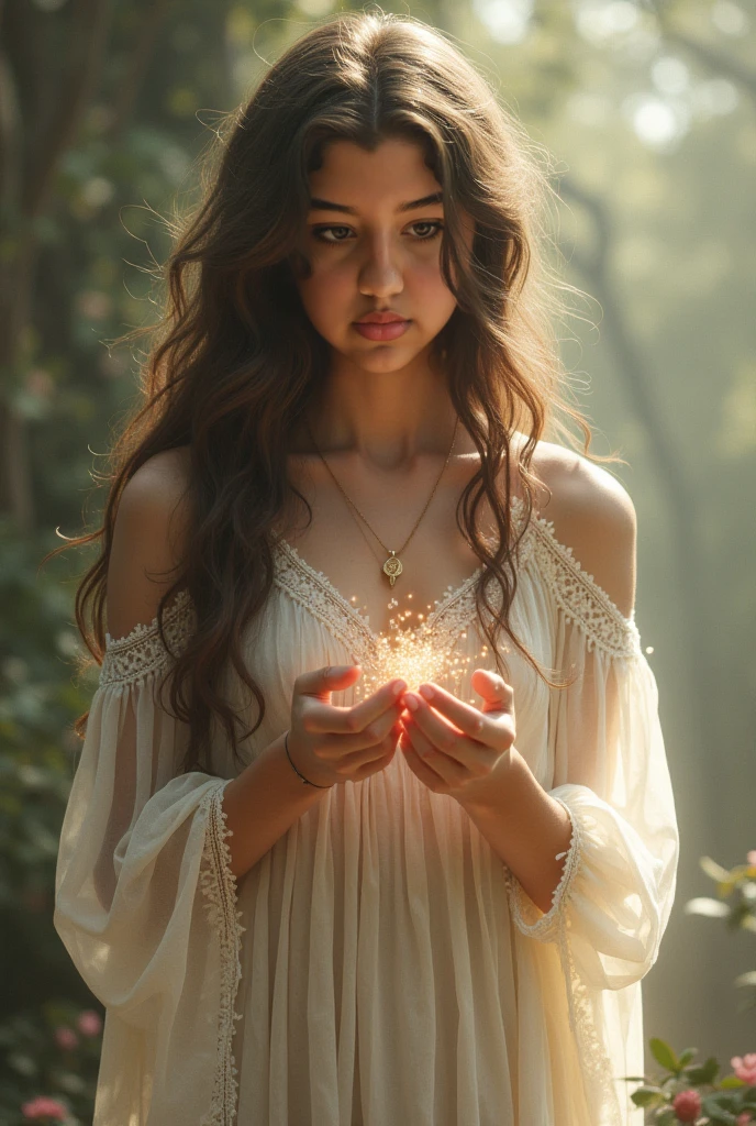 Create a stunning portrait of an ethereal young woman surrounded by a mesmerizing display of magical elements. The woman should have delicate features, with luminous skin that seems to glow from within. Her eyes should sparkle with an otherworldly light, reflecting the magic around her. Her hair should flow gracefully, perhaps with subtle magical highlights or a soft shimmer. Encompassing the woman, create a breathtaking aura of fantastical sparkles and magical dust. These elements should vary in size and intensity, from tiny glimmering specks to larger, more prominent magical particles. The sparkles should have a range of colors, predominantly soft golds, silvers, and iridescent hues that complement the overall color scheme. Integrate floating, gradient atmospheric particles throughout the image. These should be well-illuminated, creating a sense of depth and dimension. The particles could range from soft, misty orbs to more defined, geometric shapes, all contributing to the magical atmosphere. Use a variety of colors for these particles, ensuring they blend harmoniously with the sparkles and the overall composition. The lighting should be soft yet dramatic, with key light sources that highlight the woman's features and the magical elements around her. Consider incorporating rim lighting to create a magical glow around her silhouette. The overall illumination should enhance the fantastical nature of the scene, perhaps with gentle light rays or a soft, ethereal glow permeating the entire image. Ensure the image has high saturation to bring out the vibrancy of the magical elements and the woman's features. The contrast should be well-balanced, creating depth and dimension without overpowering the softer, magical elements. This will help to make the sparkles and particles stand out against the background while still maintaining a cohesive and enchanting overall look. The background should be subtle yet mystical, perhaps featuring a soft gradient or a blurred magical l