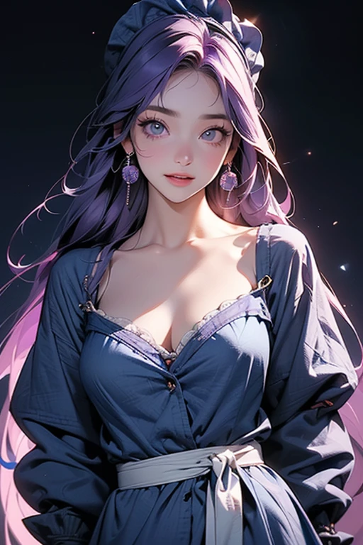 (masterpiece, best quality, photorealistic), woman with horns, solo, perfect slim fit body, huge breasts, purple wavy hair, hair ornaments, big gorgeous eyes, faint smile, parted lips, printed designer blouse, scenery in future tokyo with neon lights, artistic, vibrant
