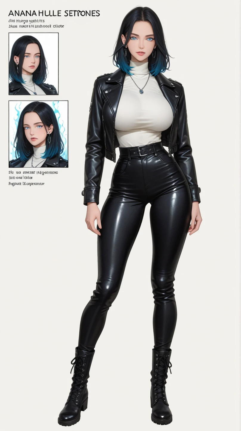SA22 woman wearing a sapphire blue shirt and jeans black with gold, golden box briefs with white, (30 years), bright blue eyes, black hair with white locks, hyper realistic, 4k, masterpiece, beautiful, facing the viewer, full body levitating, ((white skin)), neckline, maximum details