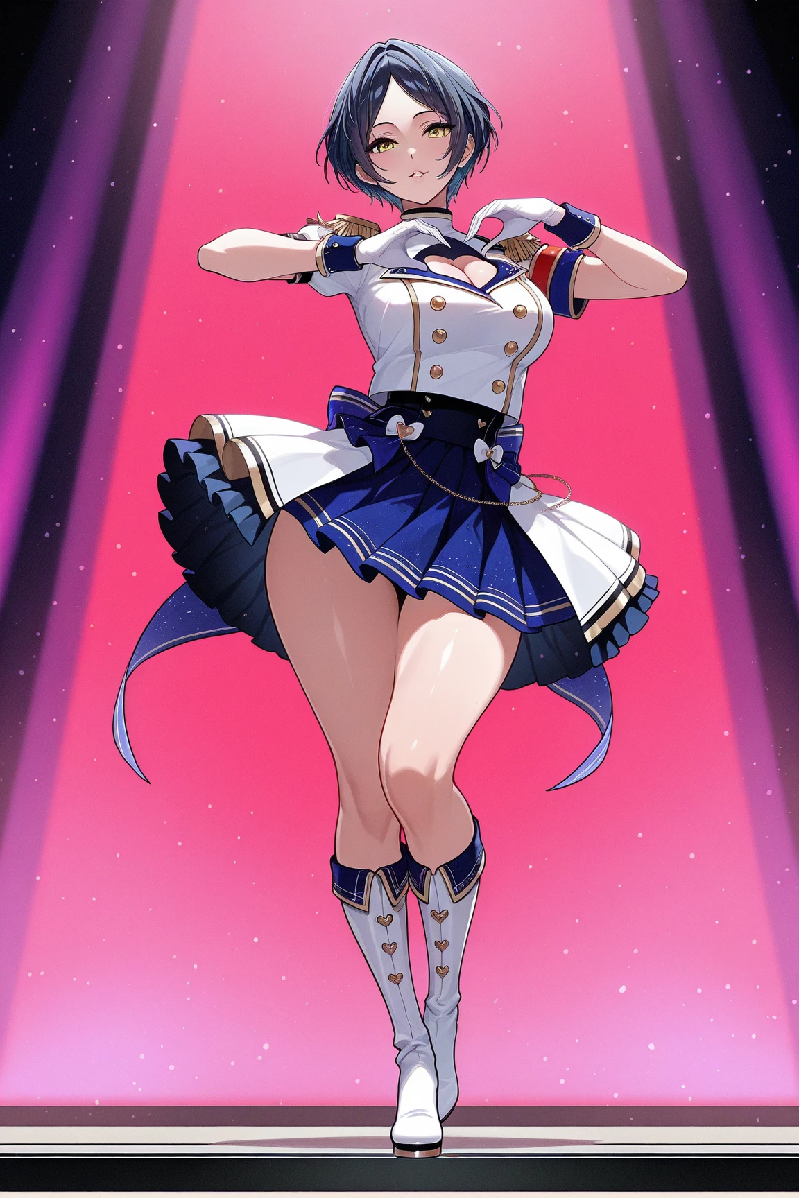 (Perfect body),Best Quality,16 K,(Lori)、((blush)),(Short hair), (((Orange Eyes))),thick thight,((((Pink hair)))),Standing,Sweat,flabbergasted,(((small tits))),Big ass,cowboys_shots,((((Wavy Hair)))),Ahoge,hair clips,(((Yellow sleeveless_frilld_jaket))),(((Pink ruffled mini skirt))),(((Light blue striped panties))),(white knee-socks),(whitegloves),(((((Panchira))))),Big ass,flat chest、(thick thighs)、blush、is standing,((( short in stature))),((Smile)),((((headset on head))),((Nekomimi))、(((Left arm up))),(((((Wink))))),((Singing)),((((Dynamic Pose)))),(((((Idol))))),(((((1girl in))))),(((pink bowtie)))、((Armpit))、((Jumping)),From below,Spread legs,