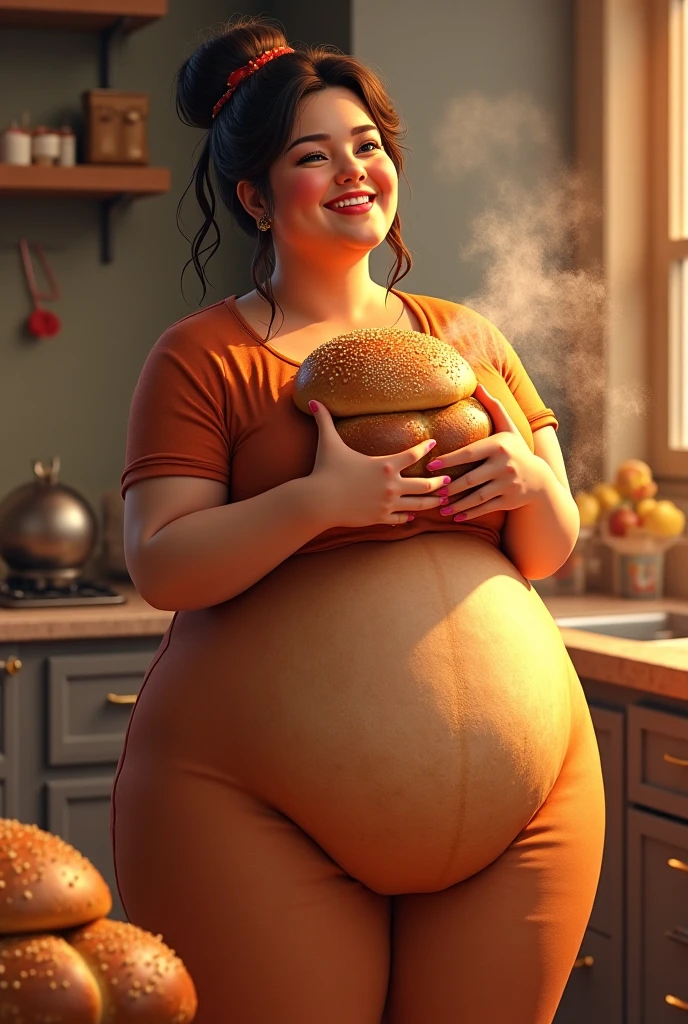 A happy photo of a young beautiful redhead wife bbw with short ginger hair soft fat belly, wide fat obese hips, thick fat legs and fat arms, cute pretty face, blue eyes, freckles, in sime white underwear , cooking goulash in a cauldron with a fire place below it in the garden cooking place, there is a table with a lot of delicious foods meats and bread on it, at sunset