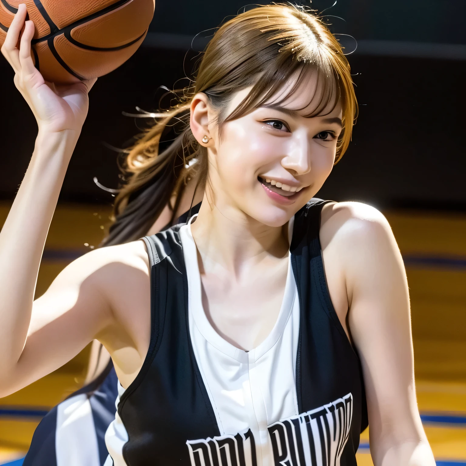 A young female basketball player executes a dynamic jump shot with precision and grace. She holds the basketball firmly in both hands, her form exuding confidence and skill. Her slim-fit uniform highlights her athletic build, while black high socks and matching sneakers create a sleek, modern look. Her neatly braided black hair arcs through the air as she leaps, her intense black eyes fixed on the goal. The polished wooden floor of the brightly lit gymnasium reflects the action, emphasizing the energy and competitive spirit of the moment.A 20-year-old woman smiles gently, friendly. (RAW photos, top quality), (realistic, photo-realistic:1.4), masterpiece, extremely delicate and beautiful, highly detailed, 2k wallpaper, ultra-detailed CG unity 8k wallpaper, ultra detail, high res, soft light, beautifully detailed girl looking back, extremely detailed eyes and face, beautifully detailed nose, cinematic lighting, perfect anatomy, slender body. Long hair, dark hair, dark eyes.