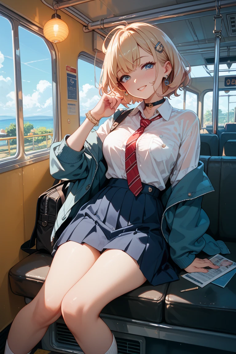masterpiece, best quality, 1 girl, (20-years-old:1.5), solo, (slim:1.8), tall:1, short hair:0.8, wavy hair, (double eyelid), school uniform, riding train, Sitting with your legs together on the train seat, student bag on thigh, small breast:0.5, (beautiful like an actress), happy, (look at window:1.5), lineart, (monochrome:1.7), (upper body:1.5), clean line drawings,