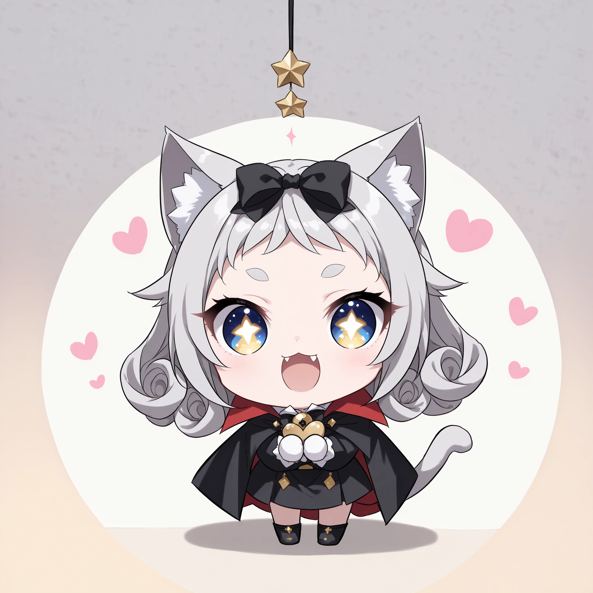 score_9, score_8_up, score_7_up, (solo, 1 girl,  Matana Katomiya, Ultramarine Eyes,  gray hair, Curly hair,hair bow,Star-shaped pupils、 Very Short Bangs, Cat ears, white fur inside Cat ears), ((( chibi, change, thin, small, short))), (cute Dracula costume、Dracula's look), skies,both hands,heart ((Cat&#39;s tail:1.2)), cute face, big eyes, Cat&#39;s Eyes,  eyelashes, lower  eyelashes, (((gold pupils))), short and thick eyebrows, , proud smile, open your mouth、夜skies、 full moon、