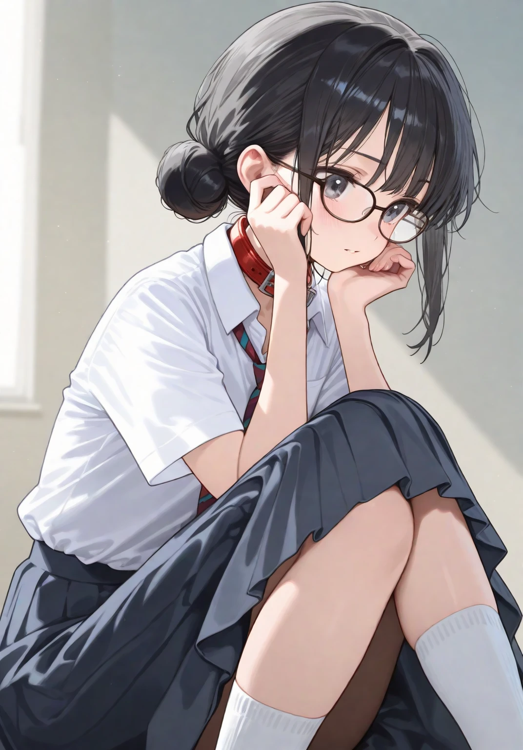 ((masterpiece, sidelighting, finely detailed beautiful eyes: 1.2)), ultra-detailed, ultra high res, professional lighting, high quality makeup, beautiful detailed eyes, beautiful, big eyes, drooping eye, (little girl:1.3), (elementary school student, school uniform:1.2), (red school bag:1.2), (Loli:1.3), (petite body:1.3), (flat chest:1.2), blush cheek, blush body, moist eyes, black hair, short hair, ahoge, (hair over eyes:1.6), glasses, Extremely cute, (extremely detailed beautiful face), Authentic skin texture, beautiful hair, beautiful face, beautiful eyes, beautiful body, beautiful hands, (squat:1.2), (white panty:1.1), (face focus:1.6)