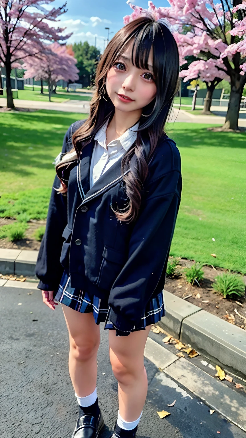 cherry tree、Female high school student standing alone in the park、uniform、cute makeup、 false eyelashes、miniskirt、 semi-long black hair 、smiling、loafers、full body image