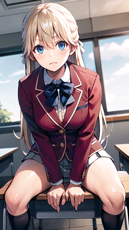 One cute girl Evening Classroom In uniform Fair skin Light brown hair Medium long hair Skirt type uniform The underwear is white A girl is taking off her underwear Surprised and embarrassed super high quality
