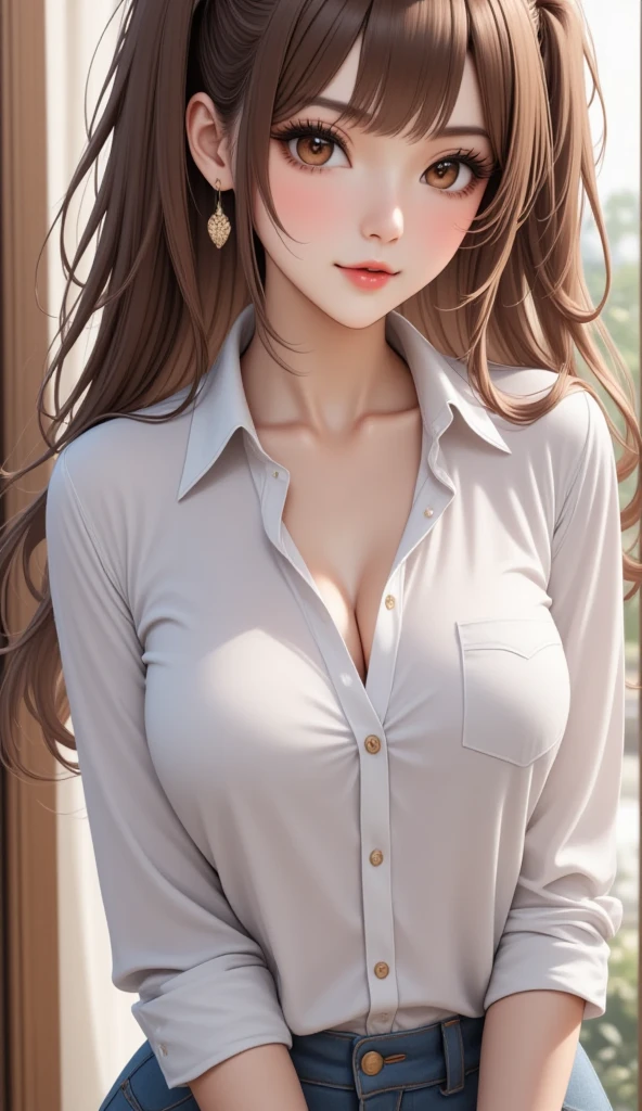 porn image,nsfw,(ultra detailed skin),curvy,petite,beautiful breasts,large breasts,pale skin,pointy breasts,erect nipples,(Hyperrealist,(8k),ultra-realistic,high detail,high resolution,best quality,masterpiece,Sense of presence,Dynamic,bold),(thin hair),(soft hair),(straight hair:1.5),Swept long bangs,extra light coppery amber hair,hair over one eye,(clothed:1.5)