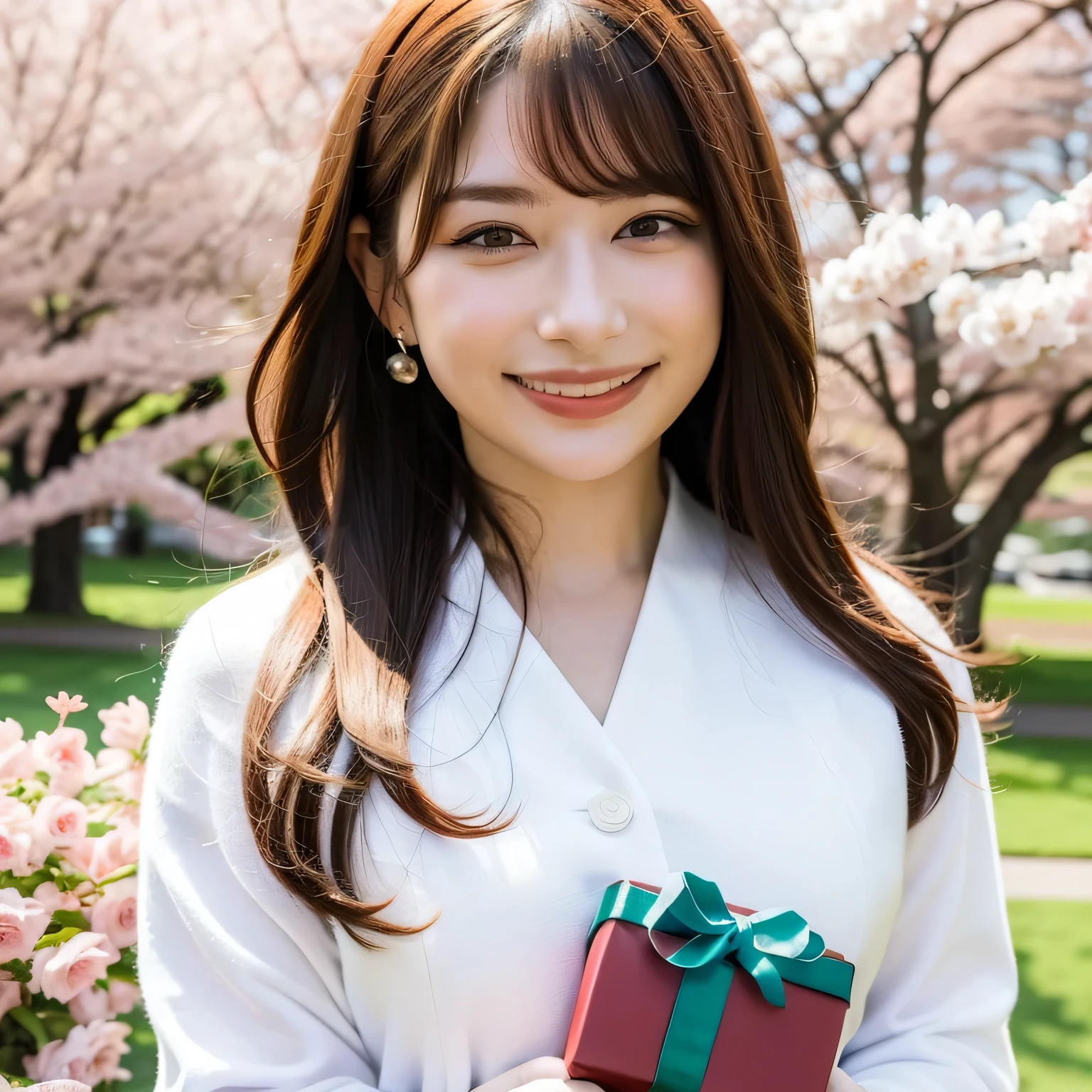 A breathtakingly beautiful 20-year-old woman stands in a lush park filled with cherry blossoms in full bloom beneath a clear blue sky. She wears a classic sailor uniform and gently holds a small, neatly wrapped gift box adorned with a red ribbon. Her radiant smile and joyful expression convey heartfelt happiness. Long hair, dark hair, dark eyes.