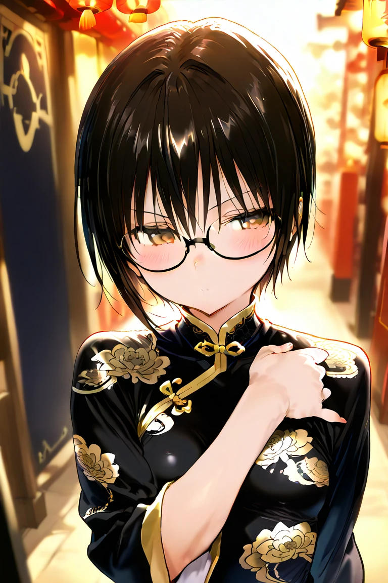 (masutepiece, Best Quality, Capture super cute moments, depth of fields, ultra-detailliert, Ultra High Resolution, C4D, Octadale, 3D Modeling, 8K, 16 K, one girls、a junior high school student、A dark-haired、short-hair、straight haired、Light brown eyes,hair adornments、wearing black glasses、A smile)、chinese clothes、Slender body、small tits